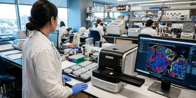 A tissue slide scanner and tissue map display in a laboratory set up for spatial biology, illustrating the equipment and data footprint of spatial biology in the lab.