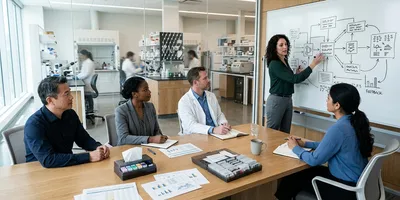 Lab managers planning a phased spatial biology program at a whiteboard timeline, with laboratory benches visible behind them.