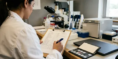 A lab manager works through a printed readiness checklist beside a folder of tissue slides, illustrating a spatial biology readiness assessment.
