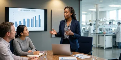 A lab manager presents a spatial biology business case to leadership in a boardroom, with laboratory benches visible through a glass wall.