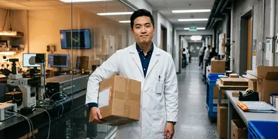 A researcher holds a sample shipping box outside a spatial biology core facility, illustrating the choice between using a spatial biology core facility and outsourcing to a service provider.