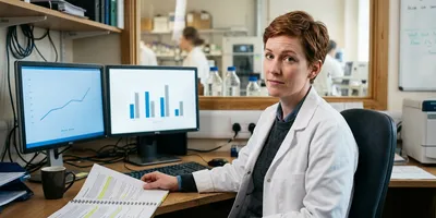 A lab manager reviews utilization and cost charts on two monitors, illustrating how to track spatial biology ROI after a platform purchase.