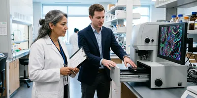 A lab manager evaluates a spatial imaging instrument during a vendor demonstration, illustrating how to compare spatial biology platforms before purchase.