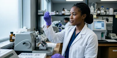A lab professional inspects a mounted tissue section at a histology bench, with an imaging analyzer and a sequencer visible behind her.