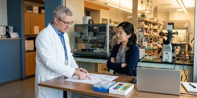 Two lab professionals compare a printed platform comparison chart in a laboratory office, with two different instruments visible behind them.