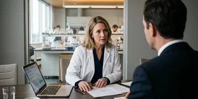 A lab manager questions a vendor representative across a meeting table while annotating a printed specification sheet.