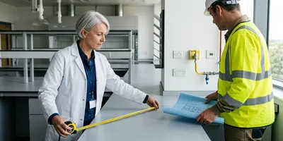 A lab manager measures an empty bench run alongside a facilities colleague holding a floor plan, assessing operational fit for a new instrument.
