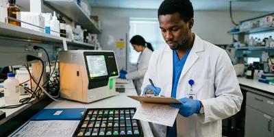 A technician records details on a run log beside a tray of mounted tissue slides, illustrating day-to-day spatial biology workflow management.