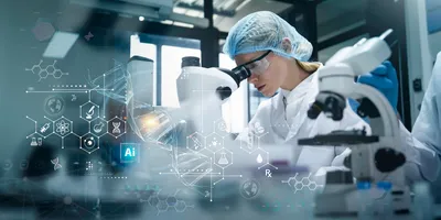 Lab researcher analyzing samples with AI-driven automation graphics.