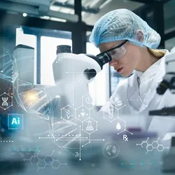 Lab researcher analyzing samples with AI-driven automation graphics.
