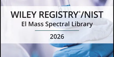 WILEY Registry/NIST EI Mass Spectral Library released in 2026 with image of person in chemical laboratory transferring a chemical with a pipette to a test tube.