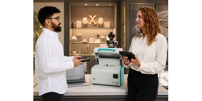 SPECTROSCOUT kt Portable ED-XRF Precious Metals Analyzer on table with 2 people in framing the machine