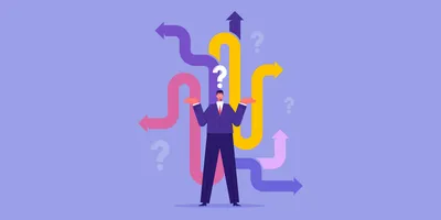 Businessperson contemplating career decisions amidst colorful paths