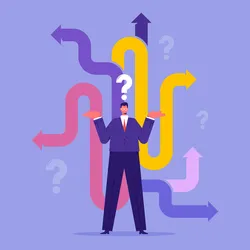 Businessperson contemplating career decisions amidst colorful paths