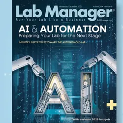 Cover of Lab Manager's 2025 Nov/Dec cover art featuring AI and Automation topics, which won the Single Best Issue category of the 2026 Tabbie Awards
