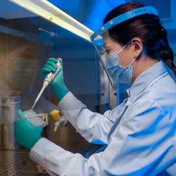 A female scientist in full PPE pipettes a solution into a container