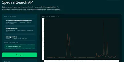 A dark-themed computer interface showing Wiley's Spectral Search API in action, featuring a submitted IR spectrum graph on the right and a ranked hit list of compounds like Tetrahydrofuran below, demonstrating automated compound identification.