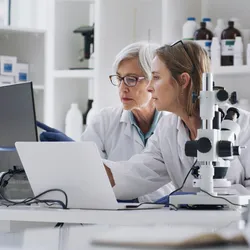 Two scientists collaborate on lab data analysis.
