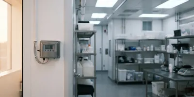 A GMP pharmaceutical cleanroom with wall-mounted IoT environmental monitoring sensors and a technician reviewing a cloud-based compliance dashboard on a tablet.