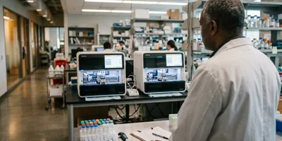 A lab manager reviews benchtop sequencing instruments in a genomics laboratory, illustrating the operational decisions behind building NGS capacity.