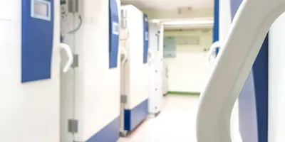 A view of rows of refrigerators for lab research.