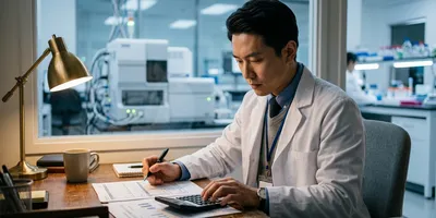 A lab manager reviews a sequencing cost sheet at his desk with a production sequencer visible behind him, illustrating how to budget for next-generation sequencing.