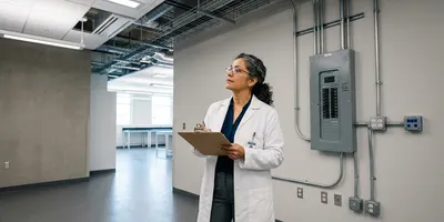 A lab manager assesses power, space, and network infrastructure in an empty section of a laboratory, illustrating a readiness assessment before adopting next-generation sequencing.