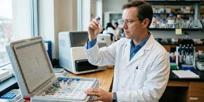 A lab manager prepares samples to ship to an external sequencing provider while an in-house sequencer sits behind him, illustrating the choice between running sequencing internally and outsourcing it.