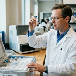 A lab manager prepares samples to ship to an external sequencing provider while an in-house sequencer sits behind him, illustrating the choice between running sequencing internally and outsourcing it.