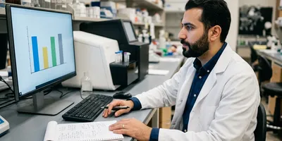 A lab manager works through sequencing coverage calculations at a workstation beside a benchtop sequencer, illustrating how to size a sequencing run to the data it actually needs.