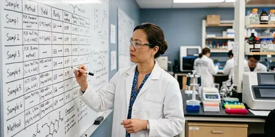 A lab manager studies a hand-drawn evaluation grid on a whiteboard while choosing a sequencing platform, illustrating a structured instrument selection process.