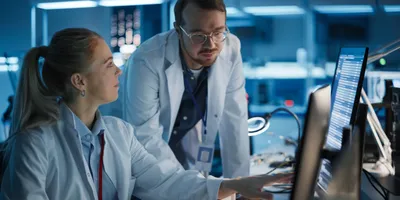 Two scientists analyzing data on a lab computer.