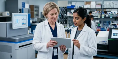 A lab supervisor and a colleague compare two sequencing instruments of different sizes, illustrating the operational decision between short-read and long-read platforms.