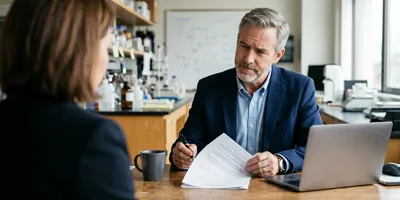 A lab manager reviews a contract across a desk from a sales representative, illustrating the questions to ask when evaluating a sequencing vendor before signing.