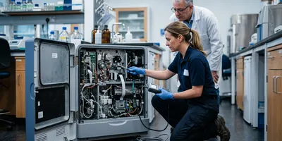 A field service engineer services an open sequencing instrument while a lab manager observes, illustrating the service contract and maintenance costs behind total cost of ownership.