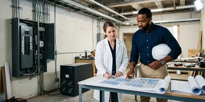A facilities planner and a lab manager review a floor plan in a partially prepared lab space with an electrical panel and power supply visible, illustrating site preparation for a sequencing instrument.