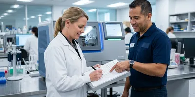 A field engineer and a quality manager complete a qualification document beside a newly installed sequencing instrument, illustrating IQ, OQ, and PQ at installation.
