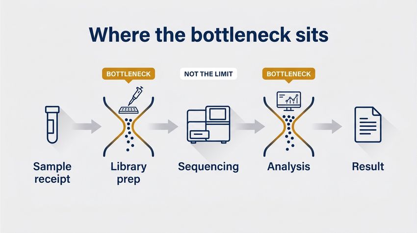 An infographic of the five-stage next-generation sequencing workflow, from sample receipt through library preparation, sequencing, and analysis to result, with library preparation and analysis marked as bottlenecks where samples queue while the sequencer runs freely.