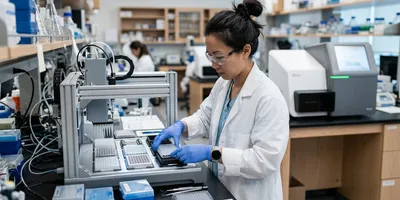 A technician loads sample plates into an automated liquid handler while a sequencer waits in the background, illustrating that library preparation, not the sequencer, is usually the throughput constraint.