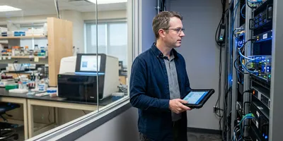 A data manager reviews storage servers in a data closet beside a genomics lab, illustrating the storage, compute, and retention decisions behind managing sequencing data.