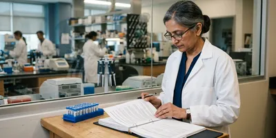 A quality manager reviews a binder of standard operating procedures and validation records beside a genomics lab, illustrating the documentation that separates a research sequencing lab from a regulated one