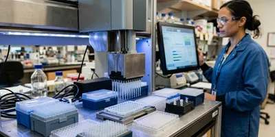 An automated liquid-handling robot pipettes a 96-well plate for library preparation while a technician monitors the run, illustrating when automating NGS library prep pays off.