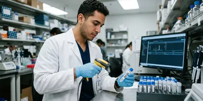 A technician scans a barcode on a sample tube at an accessioning station, illustrating sample tracking and chain of custody in a sequencing lab.