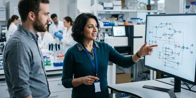 An informatics manager reviews a branching sample-workflow diagram on a monitor with a colleague, illustrating the data model a genomics LIMS must handle.