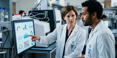 A supervisor and technician review a run-metrics dashboard to diagnose a failed sequencing run, illustrating root cause analysis and the rerun decision.