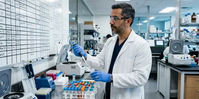 A lab manager pools indexed samples at a bench with a run-schedule board behind him, illustrating batching, multiplexing, and scheduling to fill a flow cell.