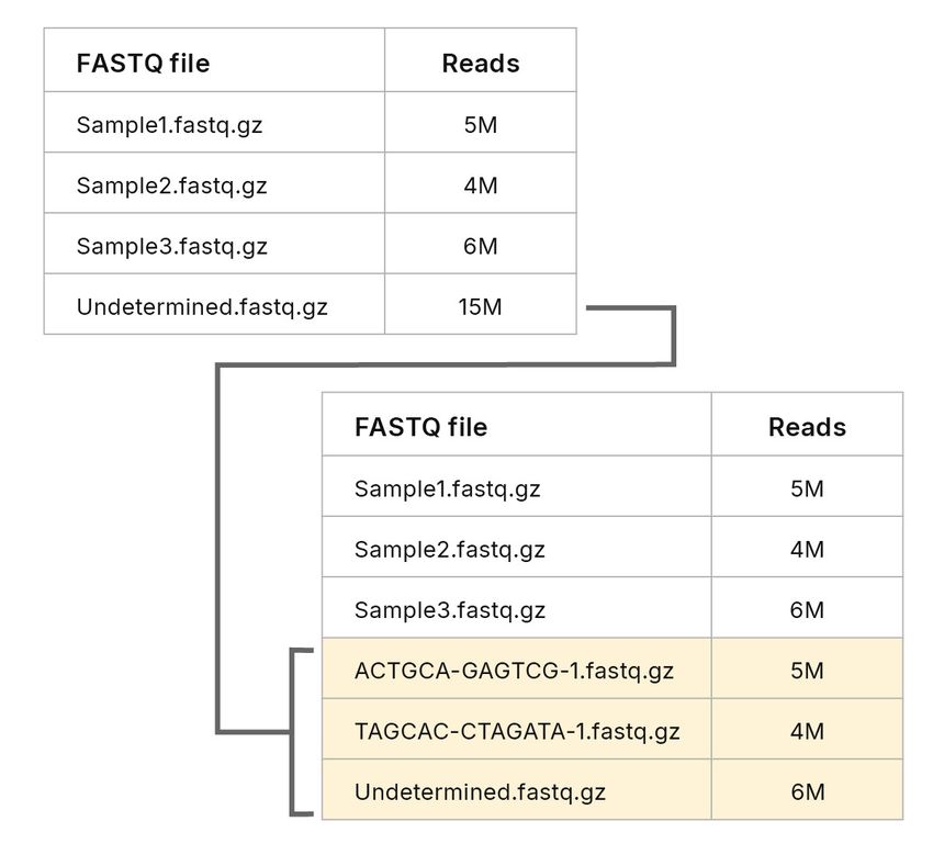 Figure 3. Autodetect indices can resolve undetermined reads. The 15M “undetermined” reads are demultiplexed into additional barcode-identified FASTQ files. Figure 3. Autodetect indices can resolve undetermined reads. The 15M “undetermined” reads are demultiplexed into additional barcode-identified FASTQ files.