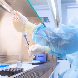 Lab technician using pipette in a biosafety cabinet