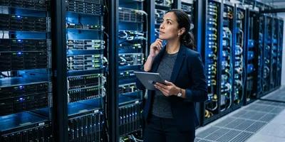 A data manager looks up at a wall of storage server racks while holding a tablet, illustrating the scale of storage that sequencing volume accumulates over years.