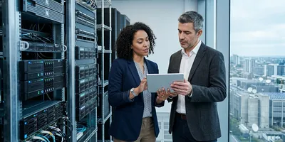 Two decision-makers weigh an on-premise server room against cloud infrastructure while reviewing a tablet, illustrating the cloud-versus-on-premise choice for genomic data.